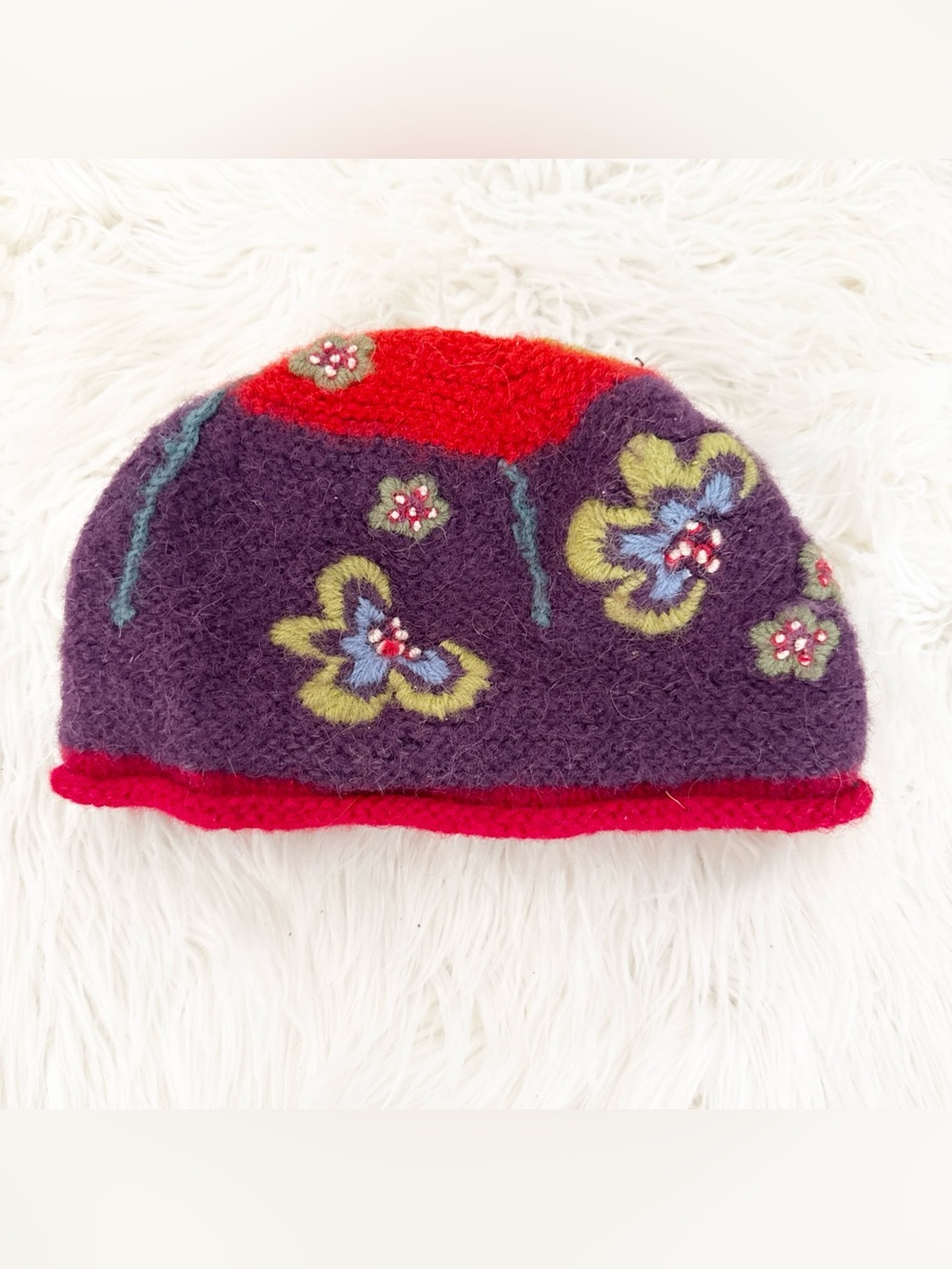 100% Alpaca Purple Hat with Red Trim & Floral Embroidery